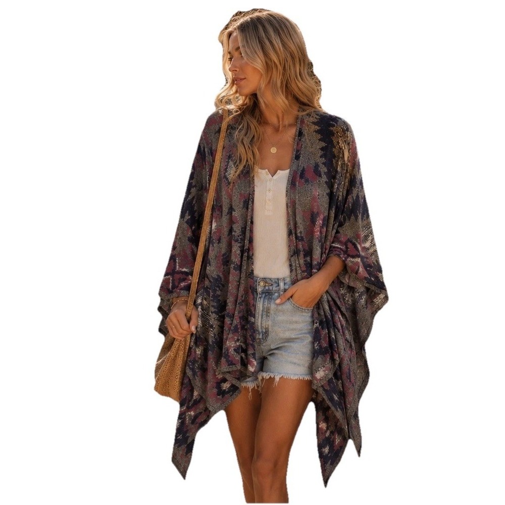 Lucky Brand Boho Poncho Wrap Open Front Aztec Asymmetrical Pink Black Size OS